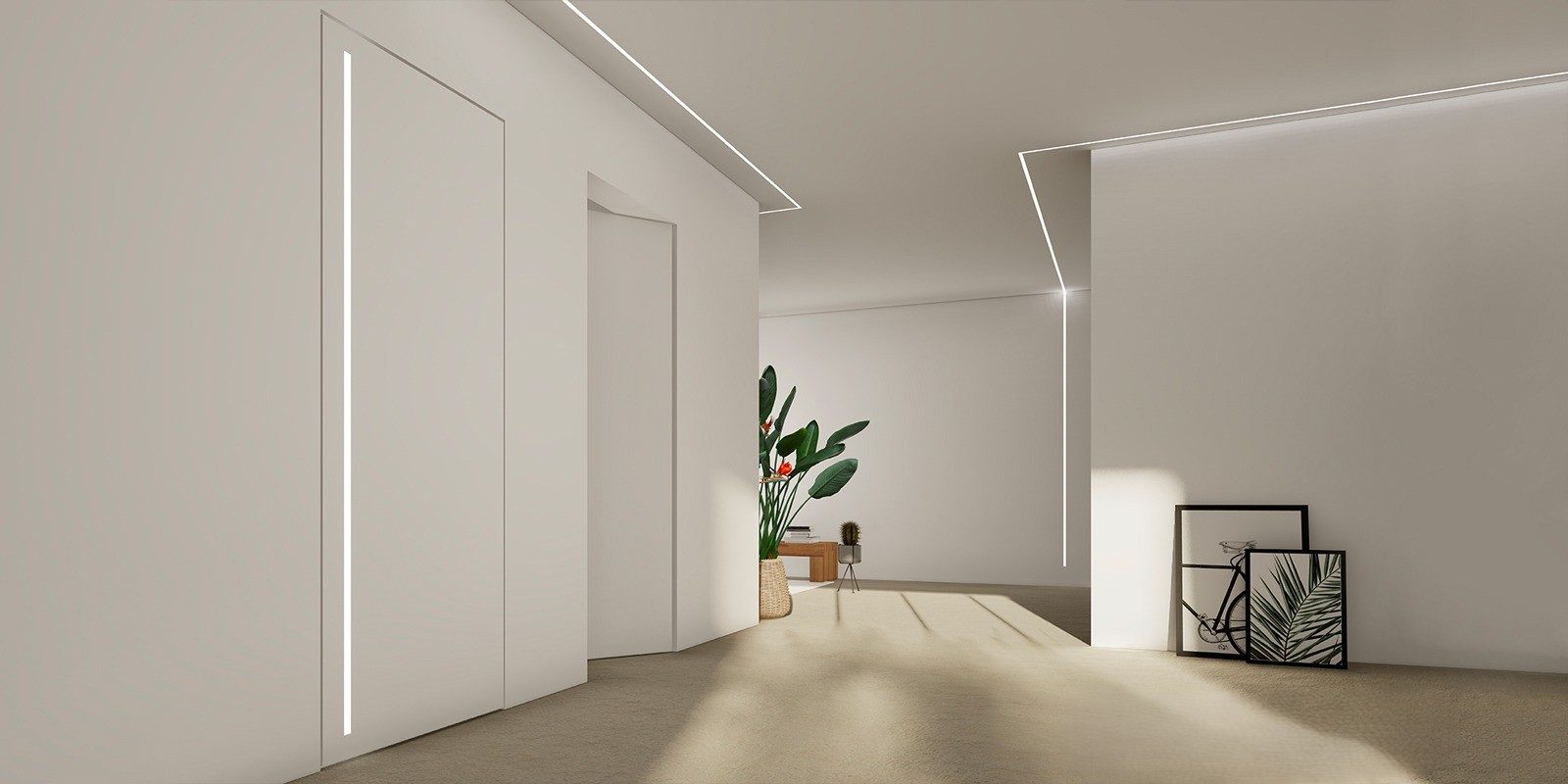 Włoskie drzwi wewnętrzne na wymiar, ukryte w ścianie i w spójnej zabudowie z podświetleniem LED – showroom Bellissimo Home, ul. ks. Witolda 34a, Wrocław.