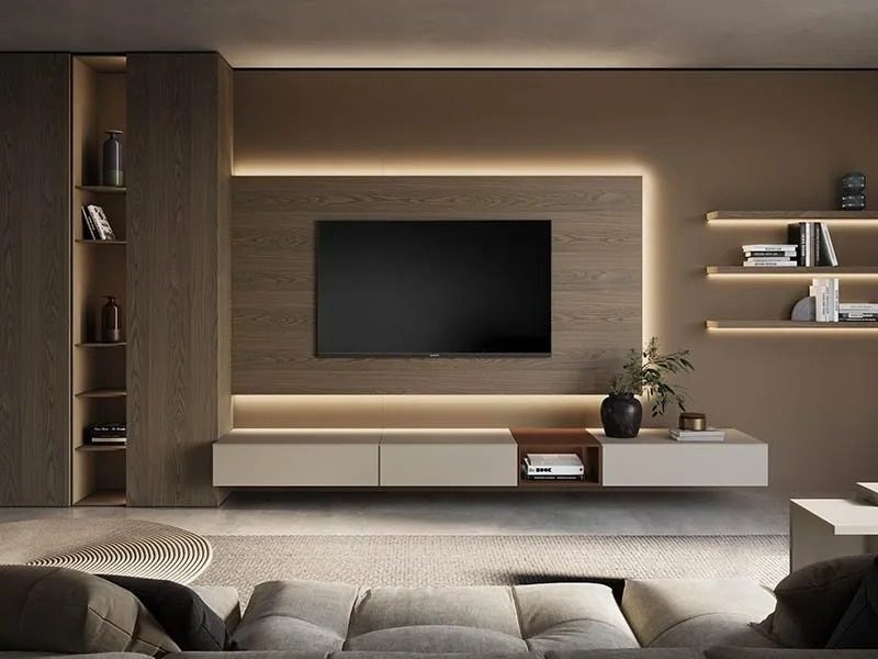 Nowoczesna ścianka TV na wymiar i włoska szafka RTV – ekspozycja w showroomie Bellissimo Home, ul. ks. Witolda 34a, Wrocław.
